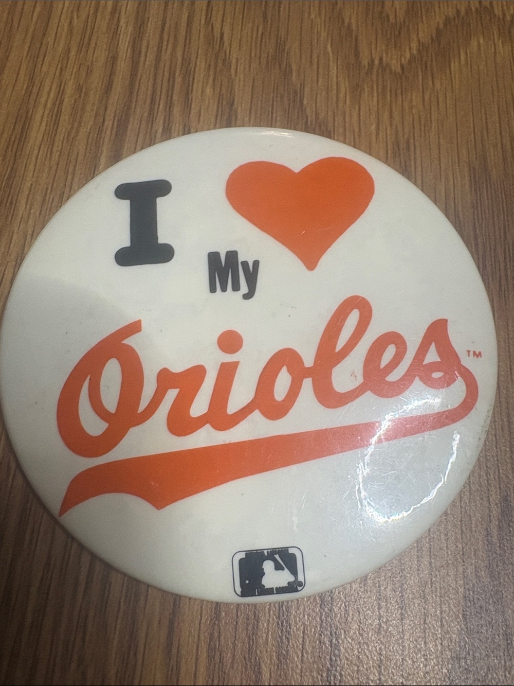 MLB Orioles White Orange and Black 'I Heart My Orioles' Vintage Button